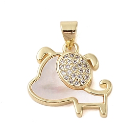 Brass Micro Pave Clear Cubic Zirconia Pendant, with Shell, Dog