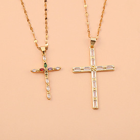 Copper Plated Gold Cross Pendant Necklace with Micro Inlaid Zircon Stones - Religious Jewelry for Women