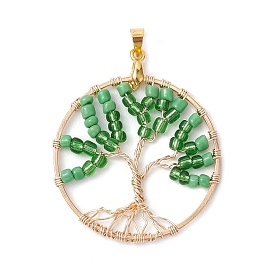 Brass with Glass Seed Bead Pendants, Ring with Tree of Life Pattern, Green