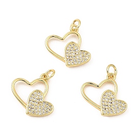Real 18K Gold Rack Plating Brass Micro Pave Cubic Zirconia Pendants, with Jump Ring, Long-Lasting Plated, Cadmium Free & Lead Free, Double Heart
 Charms