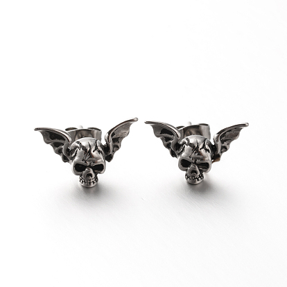 304 Stainless Steel Skull with Wing Ear Studs, Hypoallergenic Earrings, 11x17.5mm, pin: 0.8mm.