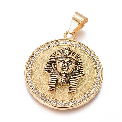 Ion Plating(IP) 304 Stainless Steel Enamel Pendants, with Rhinestone, Flat Round with Egyptian Pharaoh, Golden & Antique Golden