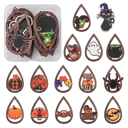 15Pcs 15 Styles Halloween Theme Single Face Printed Aspen Wood Big Pendants, Teardrop Charm with Halloween Theme Pattern