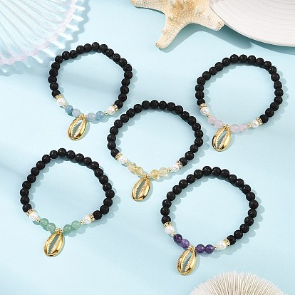 5шт. 304 браслеты с подвесками в форме ракушки из нержавеющей стали, Браслеты из круглых бусин из натуральных и синтетических смешанных драгоценных камней для женщин