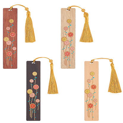 4 шт. 4 цветной деревянный прямоугольник с закладками в виде цветов, закладки из полиэстера с кисточкой