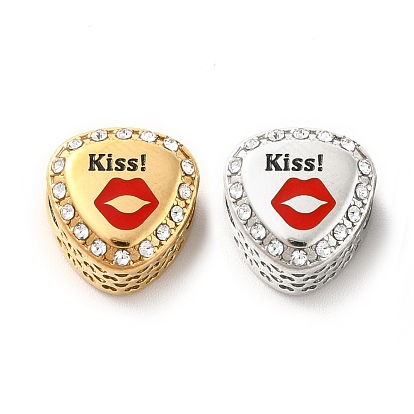 304 Stainless Steel European Beads, Large Hole Beads, with Rhinestone and Enamel, Teardrop & Word Kiss