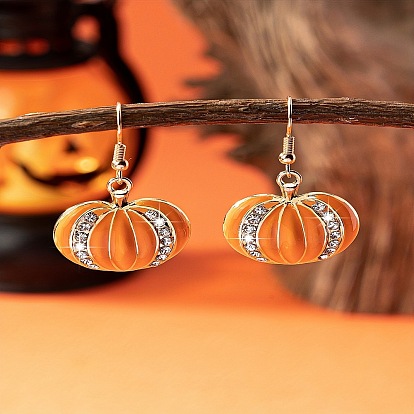 Серьги-подвески из цинкового сплава в форме тыквы, с эмалью и хрустальными стразами