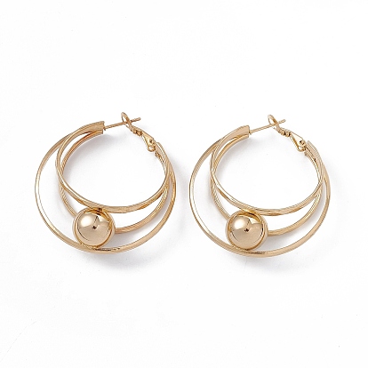 Vacuum Plating 201 Stainless Steel Hoop Earrings for Women, with 304 Stainless Steel Pin, Ring with Round Bead