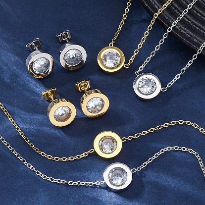 Плоские круглые 304 ожерелья и браслеты из нержавеющей стали с кубическим цирконием и серьги-гвоздики для женщин, вакуумное покрытие pvd