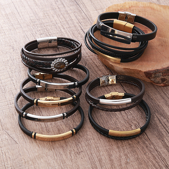 Vintage 304 Stainless Steel Men's Braided PU Leather Bracelets with Metal Clasps, Black