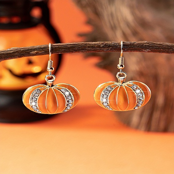 Серьги-подвески из цинкового сплава в форме тыквы, с эмалью и хрустальными стразами