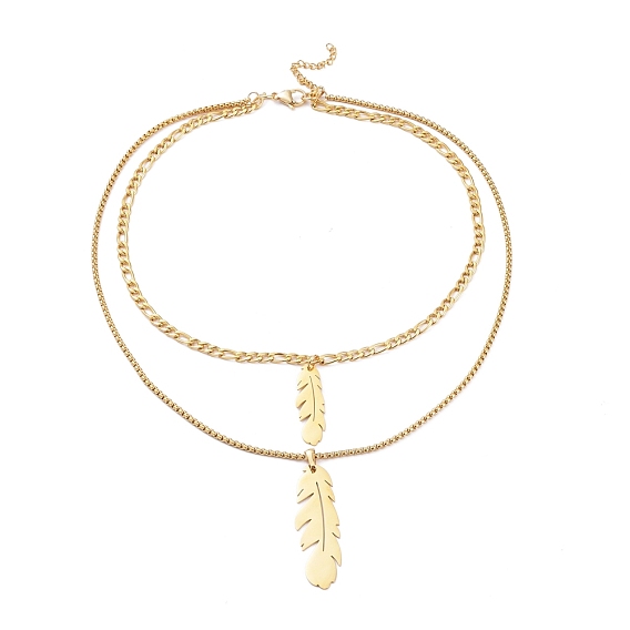 304 Stainless Steel Double Layer Necklaces, with Figaro Chains & Box Chains, Feather