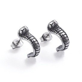 Retro 304 Stainless Steel Stud Earrings, Half Hoop Earrings, with Ear Nuts, Snake