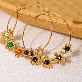 Cubic Zirconia Flower Hoop Earrings, Golden Titanium Steel Earrings for Women