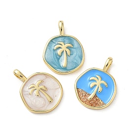 Латунь эмаль подвески, плоские круглые с кокосовой пальмы, стойки покрытие, долговечный, без свинца и без кадмия, реальный 18 k позолоченный