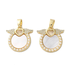 Латунные микро проложить кубического циркония подвески, с ракушкой и жемчужиной из АБС-пластика, плоские круглые с подвесками в виде крыльев, стойки покрытие, прочное покрытие, без кадмия и без свинца