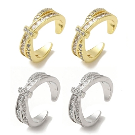 Rack Plating Brass Pave Clear Cubic Zirconia Cross Cuff Earrings for Women, Cadmium Free & Lead Free, Long-Lasting Plated
