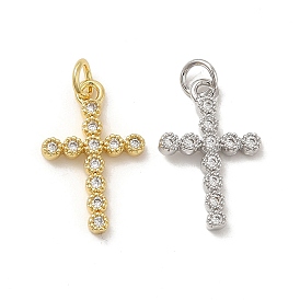 Brass Micro Pave Cubic Zirconia Pendants, with Jump Ring, Religion Flower Cross Charm
