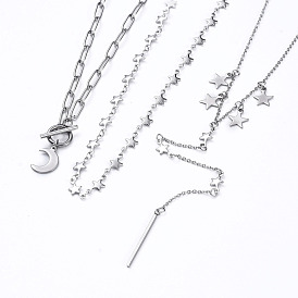 304 ensembles de colliers en acier inoxydable, avec chaînes trombones et chaînes à maillons étoilés, fermoirs à bascule et fermoirs à pince de homard, lune