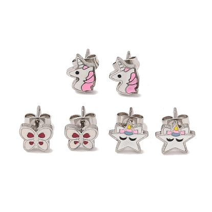 3 Pairs 3 Styles 304 Stainless Steel Enamel Stud Earrings for Women, Star & Horse & Butterfly