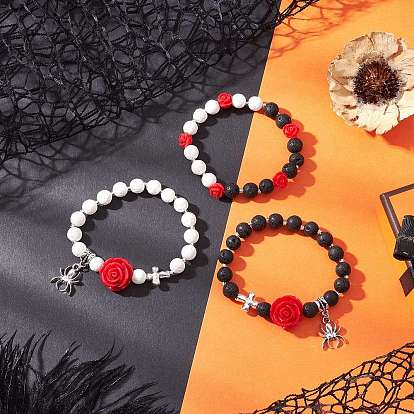 3шт. браслеты из натуральных и синтетических круглых бусин из лавы на тему Хэллоуина, Браслеты с подвесками из сплава в тибетском стиле для женщин, со смолевыми бусинами