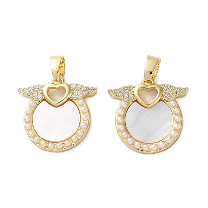 Латунные микро проложить кубического циркония подвески, с ракушкой и жемчужиной из АБС-пластика, плоские круглые с подвесками в виде крыльев, стойки покрытие, прочное покрытие, без кадмия и без свинца