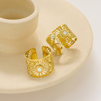 Полые цветочные манжеты из нержавеющей стали с натуральными ракушками 304 открытые кольца для женщин