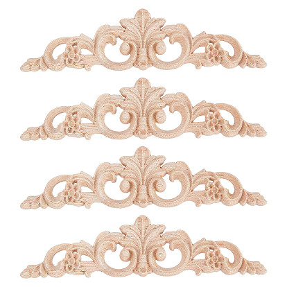 6Pcs Rubber Wood Carved Onlay Applique, Center Flower Long Applique, for Door Cabinet Bed Unpainted Decor European Style