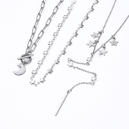 304 ensembles de colliers en acier inoxydable, avec chaînes trombones et chaînes à maillons étoilés, fermoirs à bascule et fermoirs à pince de homard, lune