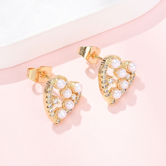 Серьги-гвоздики из латуни с микро-паве и прозрачным фианитом в форме сердца, с ABS имитации жемчуга