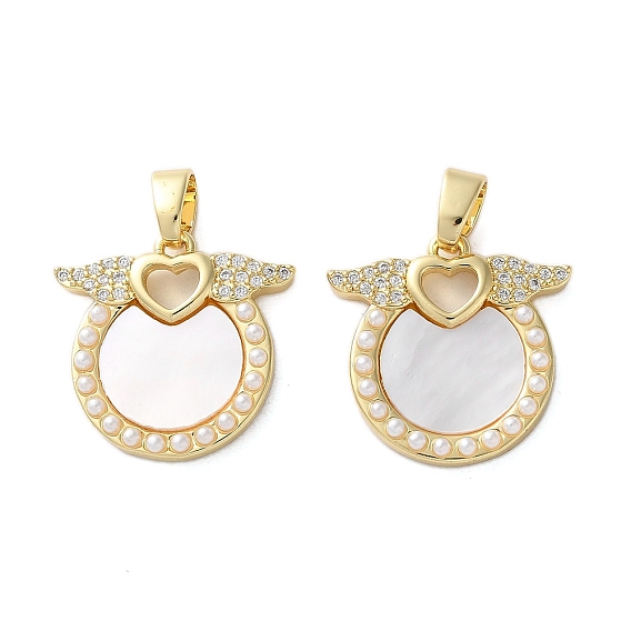 Латунные микро проложить кубического циркония подвески, с ракушкой и жемчужиной из АБС-пластика, плоские круглые с подвесками в виде крыльев, стойки покрытие, прочное покрытие, без кадмия и без свинца