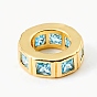 Brass Micro Pave Light Blue Cubic Zirconia European Beads, Flat Round, Large Hole Beads, Rack Plating, Long-Lasting Plated, Lead Free & Cadmium Free