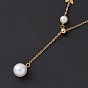 Plastic Pearl & Leaf Pendant Lariat Necklace, Ion Plating(IP) 304 Stainless Steel Jewelry for Women