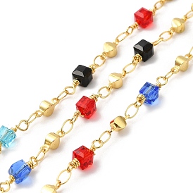 Handmade Cube Glass Beaded Chains, Real 18K Gold Plated Brass Link Chains, Soldered, with Spool, Cadmium Free & Lead Free