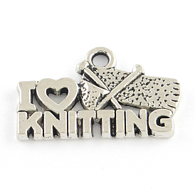 Frase de estilo tibetano amo el hacer punto encantos de la aleación, sin plomo y cadmio, 13x20x2 mm, Agujero: 2 mm, sobre 757 unidades / 1000 g