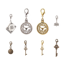 Alloy Pendant Decorations, Zinc Alloy Lobster Clasps Charm, Clip-on Charms, for Keychain, Purse, Backpack, Key & Clock & Book