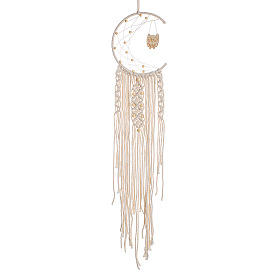 Moon and Owl Woven Net/Web with Macrame Cotton Wall Hanging Decorations, with Wood Pendant, for Garden, Wedding, Lighting Ornament