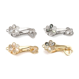 Brass Micro Pave Clear Cubic Zirconia Fold Over Clasps, with Abalone Shell/White Shell, Flower