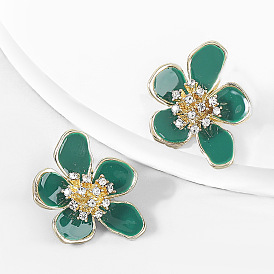 Chic Acrylic Flower Earrings with Alloy Oil Drop and Rhinestone Embellishment