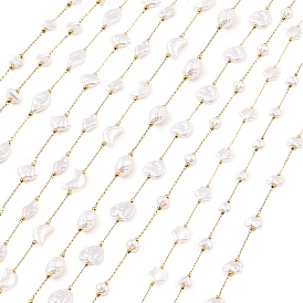 Ion Plating(IP) 304 Stainless Steel Paperclip Chains, Soldered, with ABS Imitation Pearl Beads
