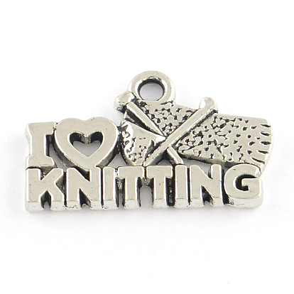 Frase de estilo tibetano amo el hacer punto encantos de la aleación, sin plomo y cadmio, 13x20x2 mm, Agujero: 2 mm, sobre 757 unidades / 1000 g