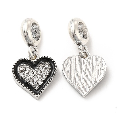 Rack Plating Alloy Black Enamel European Dangle Charms, with Crystal Rhinestone, Large Hole Charms, Heart