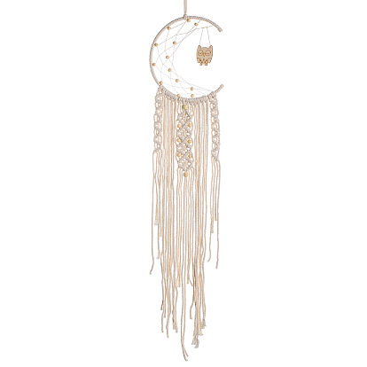 Moon and Owl Woven Net/Web with Macrame Cotton Wall Hanging Decorations, with Wood Pendant, for Garden, Wedding, Lighting Ornament