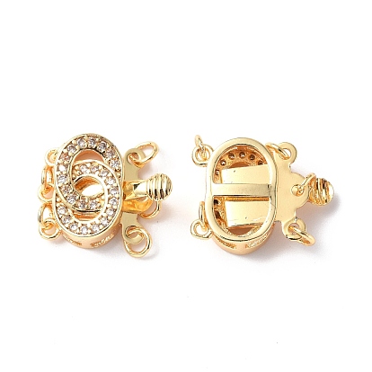 Rack Plating Brass Micro Pave Clear Cubic Zirconia Box Clasps, 3-Strand, 6-Hole, Long-Lasting Plated, Double Number 0