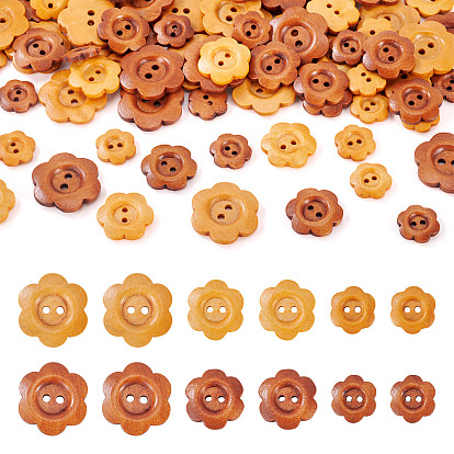 90шт. 6 стилей 2-дырочные деревянные цветочные пуговицы