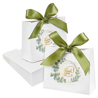 80Pcs Gold Stamping Thank You Paper Gift Bags with Olive Drab Polyester Ribbon, Jewelry Organizer Bags for Candy, Rectangle