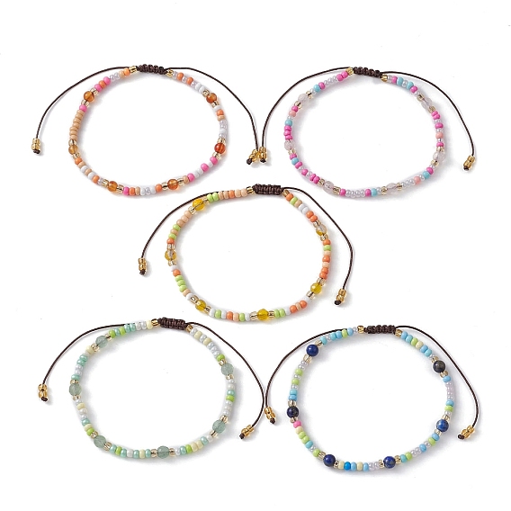 Natural Mixed Gemstone & Glass Seed Braided Bead Bracelet, Nylon Adjustable Bracelet