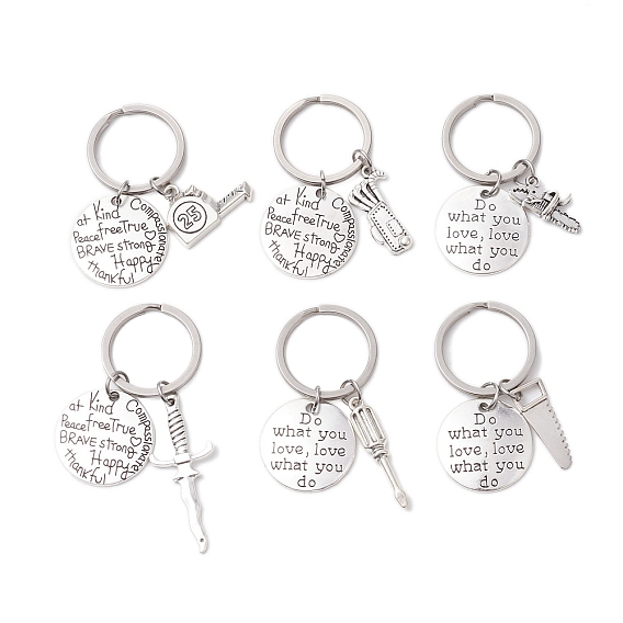 Брелки из сплава в тибетском стиле, с 304 кольцами для ключей из нержавеющей стали, плоско-круглые