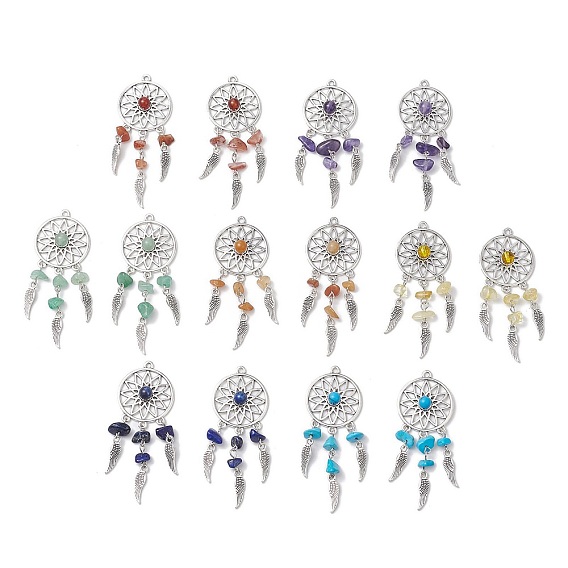 Тканая сетка / паутина с подвесками из перьевого сплава, с натуральными каменными бусинами-шармами