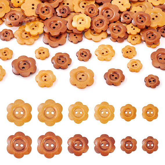 90шт. 6 стилей 2-дырочные деревянные цветочные пуговицы